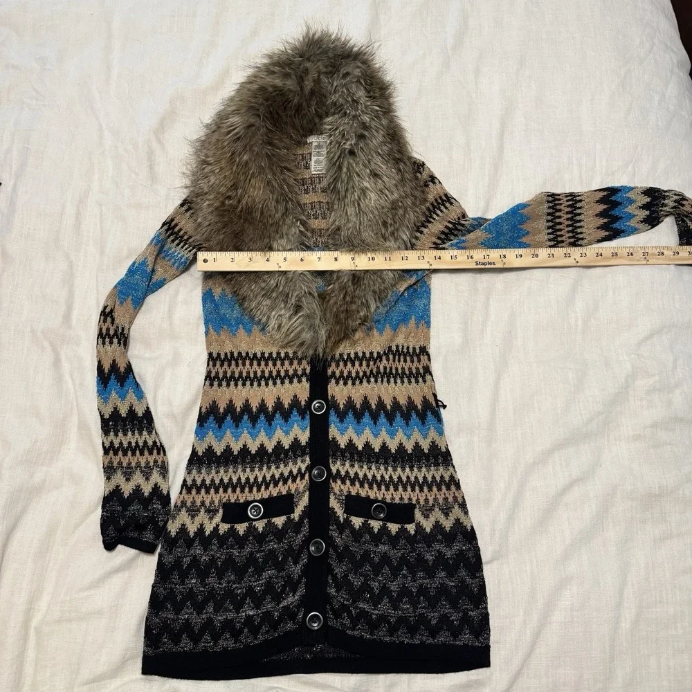 Cache VTG Womens Faux Fur Collar Chevron Cardigan XS Multicolor Glitter Y2K Glam